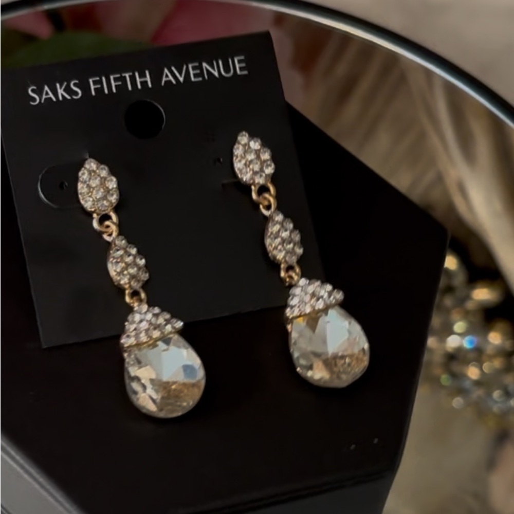 Saks Fifth Avenue Gold and Crystal Double Drop Earrings New - Picture 3 of 3